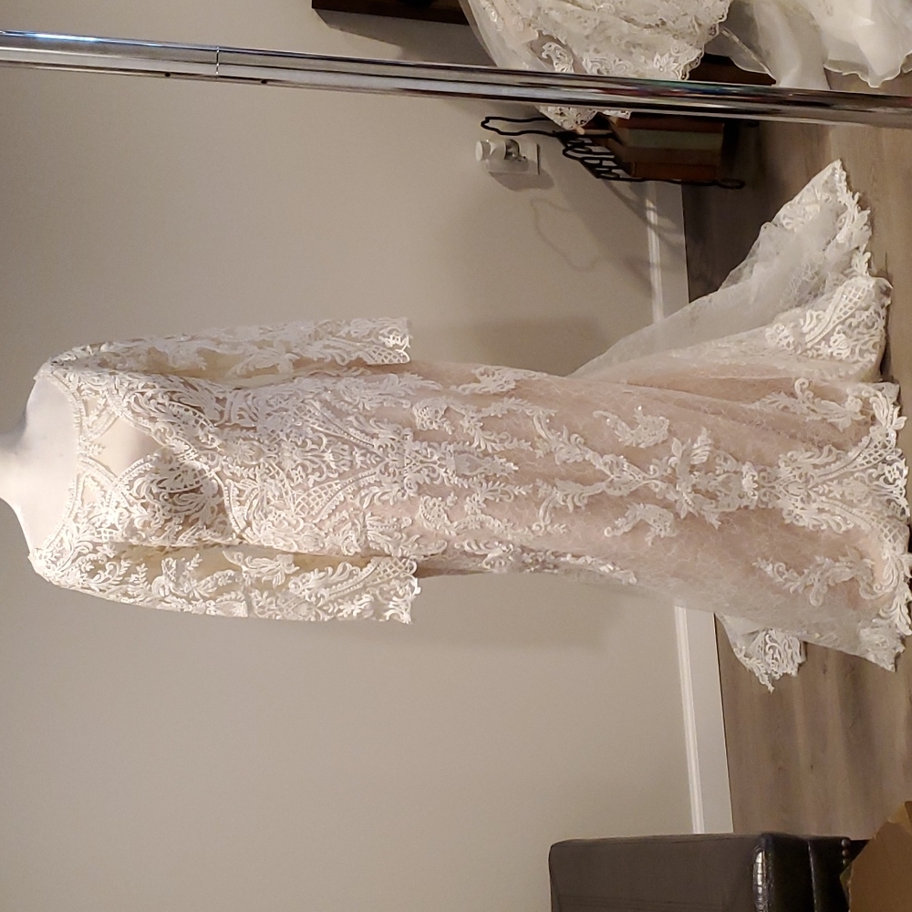 Maggie Sottero lace and sequin wedding dress, 12, sheer